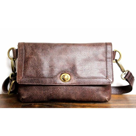 Trouve Textured Brown Genuine Leather Turn Lock Purse Crossbody Shoulder Bag - Picture 2 of 7